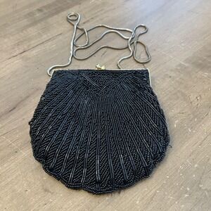 Carla Marchi Shoulder Bag Womens Small Black Beaded Satin Chain Evening Purse